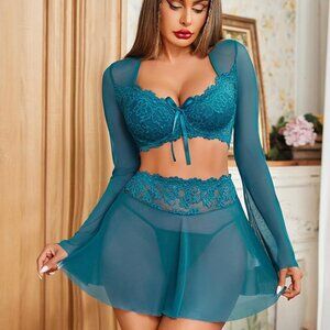 Avidlove Women's Sexy Contrast Lace Mesh Lingerie Set 3pcs Bell